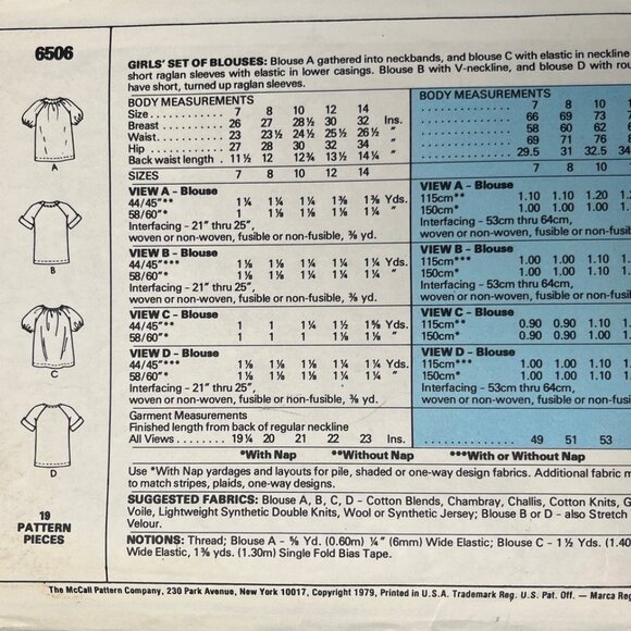Vintage McCalls 6506 Set of Tops & Blouses Pattern For Girls Size 14 - Picture 3 of 3